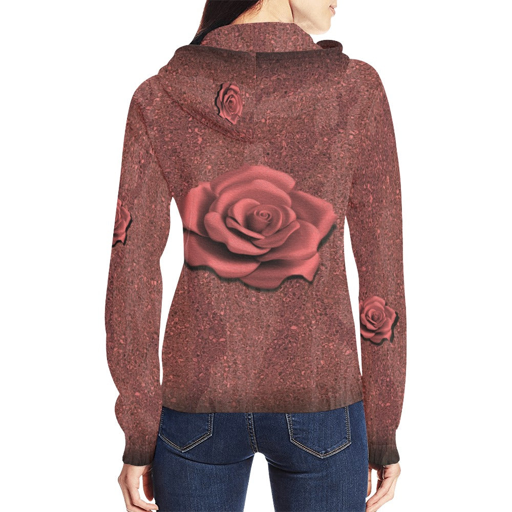 Maroon sweater with rose designs on a white background