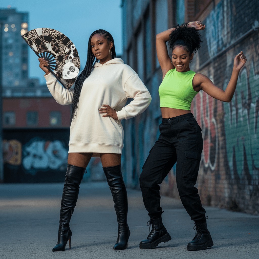 Two women posing on a street with graffiti in the background