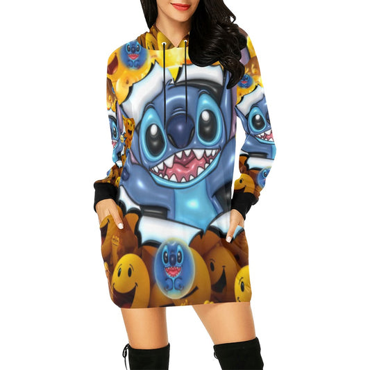 ALIM4U- Blue Cartoon Favorite Women's All Over Print Hoodie Mini Dress(Model H27)