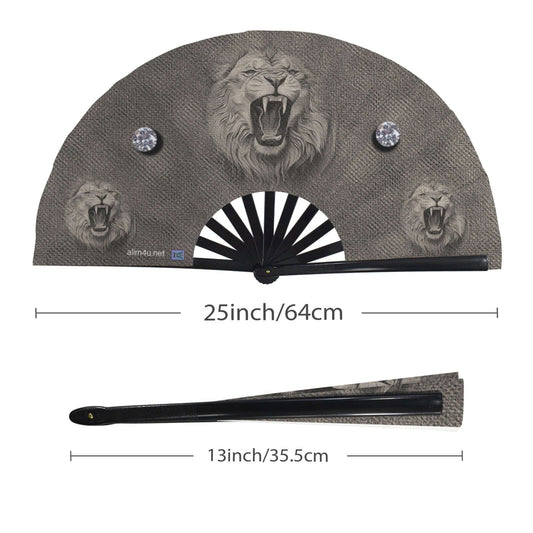 Folding Clack Fan 49 multi colored floral butterflies Handheld fan with lion design and measurements on a white background