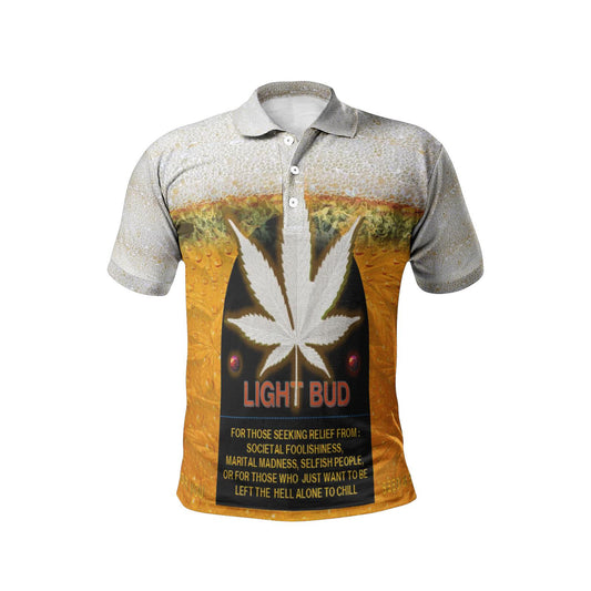 ALIM4U "Light Bud" Men's All-Over-Print "High Maintenance". Polo Shirts, marijuana infused beer, beer glass, bud and bubbles, large marijuana leaf