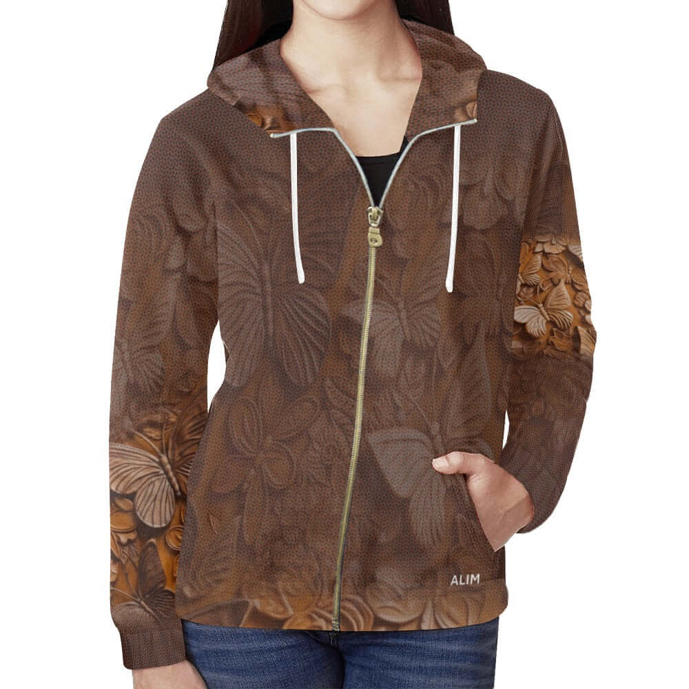 Brown zip up hoodie floral print 