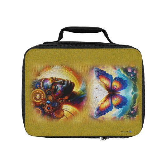 ALIM4U- Lunch Bag, African Woman and Monarch Butterfly Design, Golden Background, Eco-Friendly Tote, Insulated Cooler, Food Carrier, African