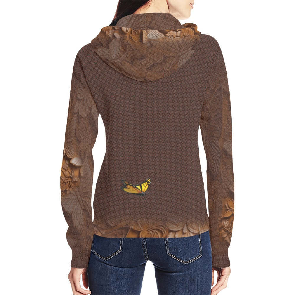 Brown zip up hoodie floral print 