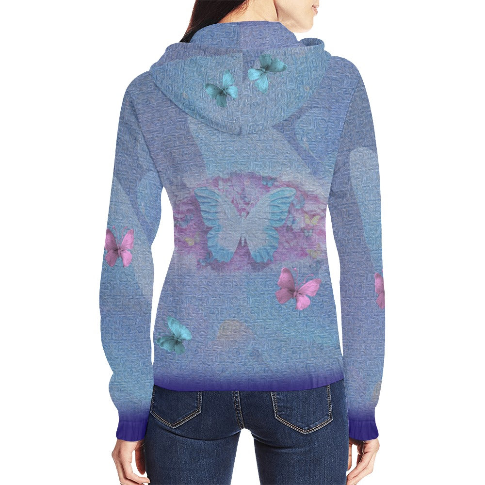 Blue hoodie with butterfly designs on a white background