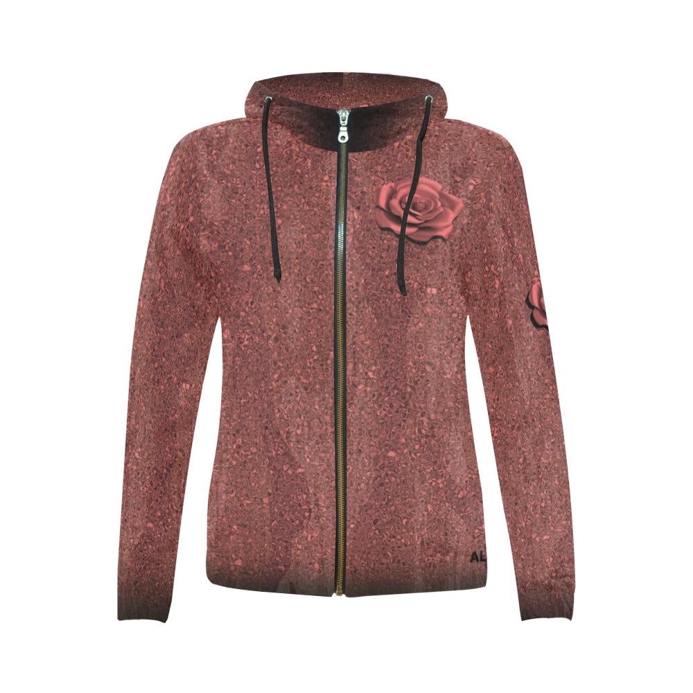 Red hoodie with a rose design on a white background