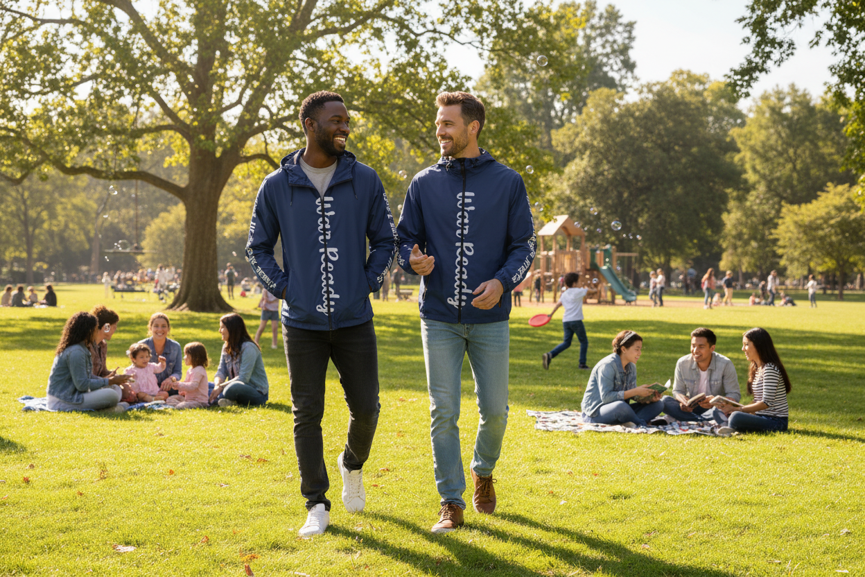 Man wearing a blue jacket with War Ready and United States of America white text on it an a full American flag on the back.