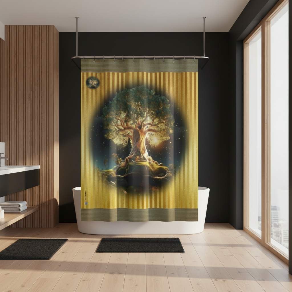 Bathroom with a large artistic shower curtain featuring a tree design.