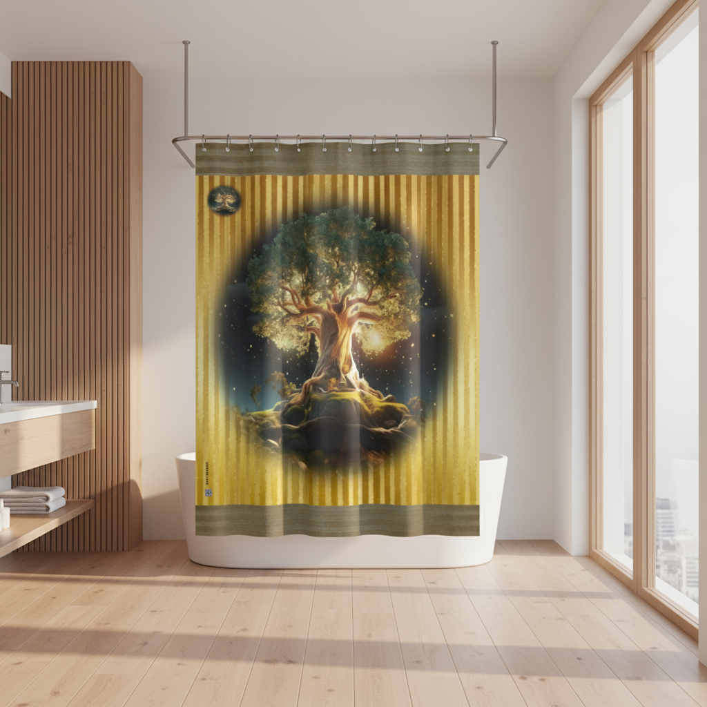 Shower curtain with a tree design in a modern bathroom