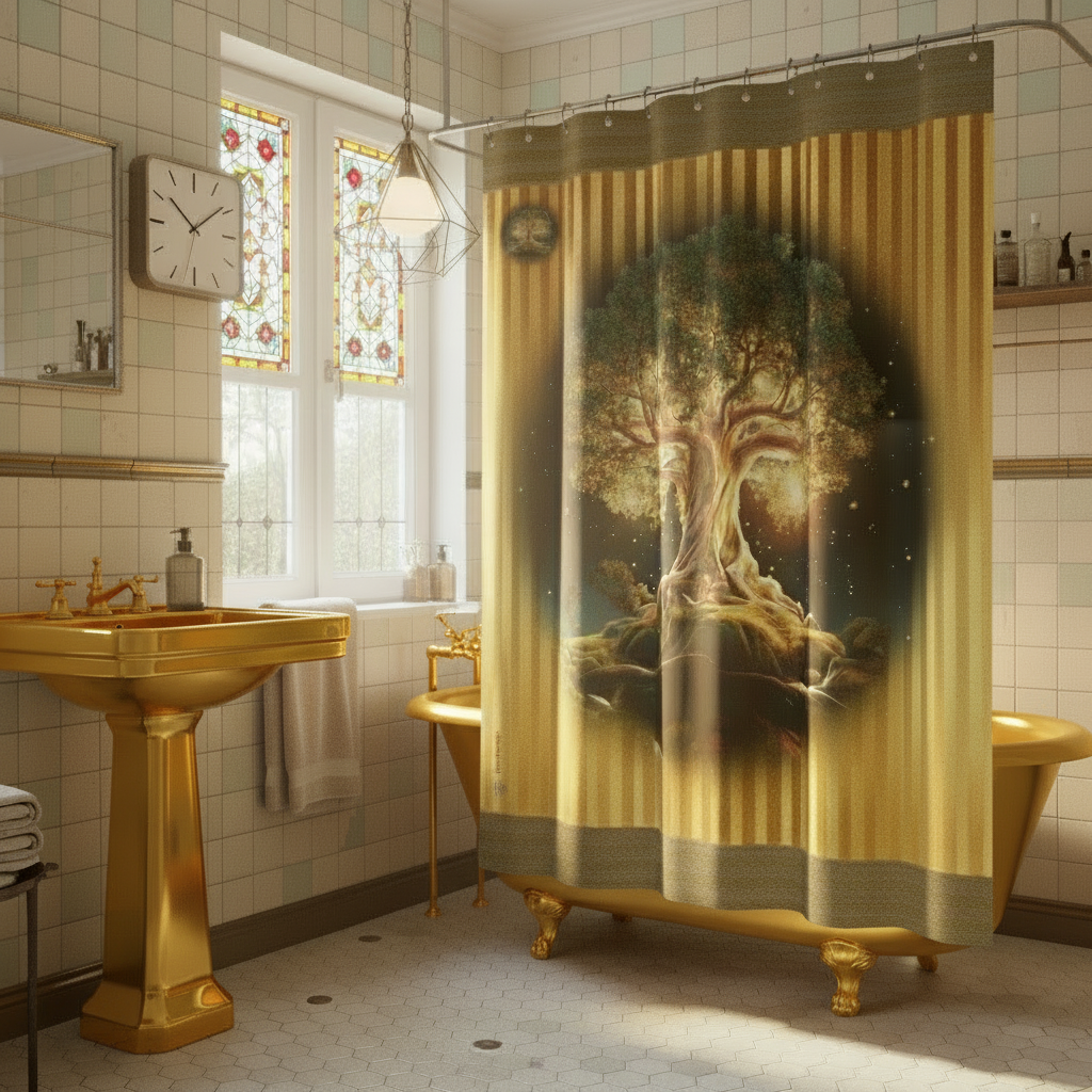 Bathroom with gold fixtures and a decorative shower curtain featuring a tree design.
