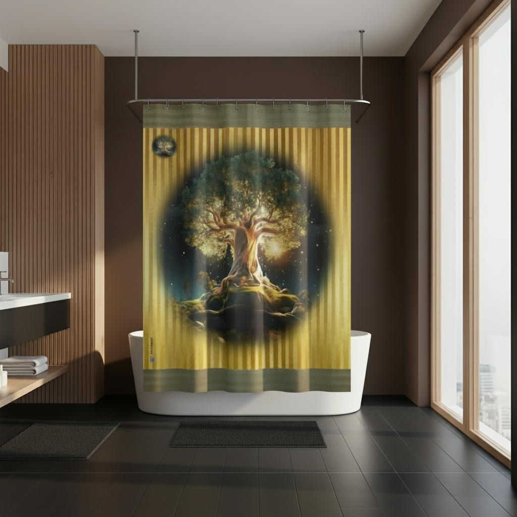 Shower curtain with a tree design in a modern bathroom