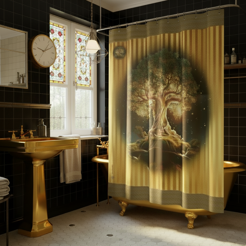 Bathroom with a decorative shower curtain featuring a tree design.