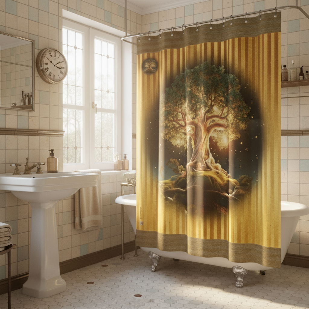 Bathroom with a decorative shower curtain featuring a tree design.
