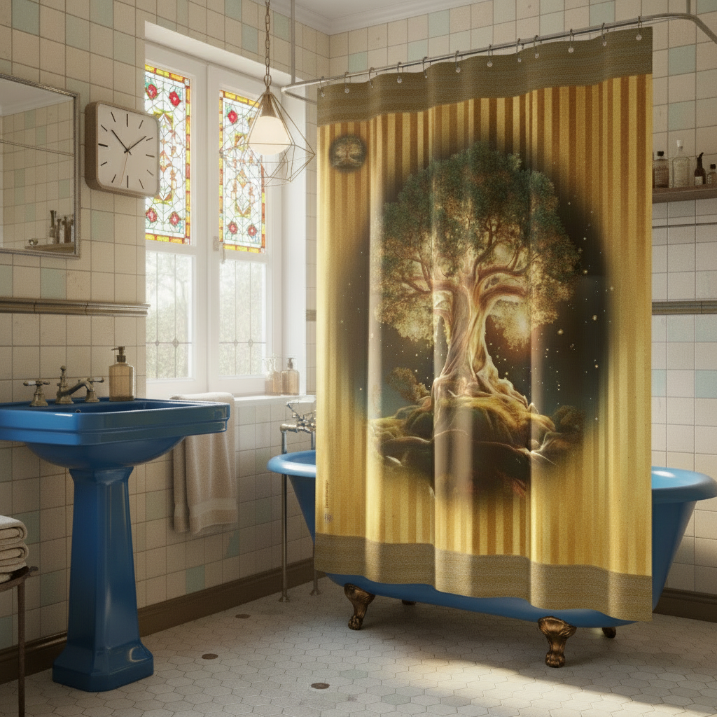 Bathroom with a blue bathtub and shower curtain featuring a tree design.