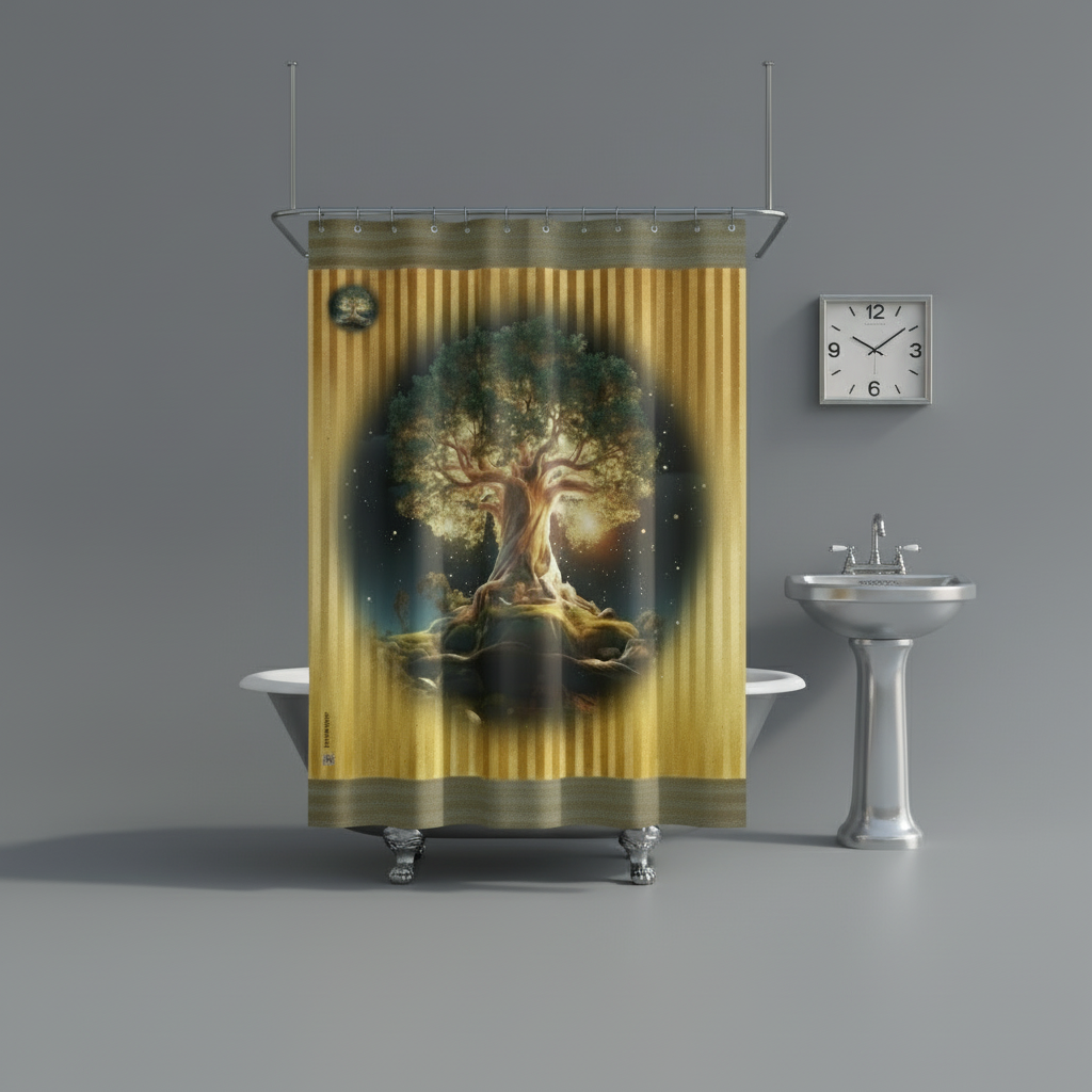 Shower curtain with tree design in a bathroom setting