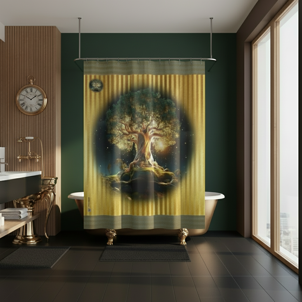 Bathroom with a decorative shower curtain featuring a tree design.