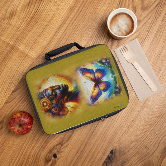 ALIM4U- Lunch Bag, African Woman and Monarch Butterfly Design, Golden Background, Eco-Friendly Tote, Insulated Cooler, Food Carrier, African