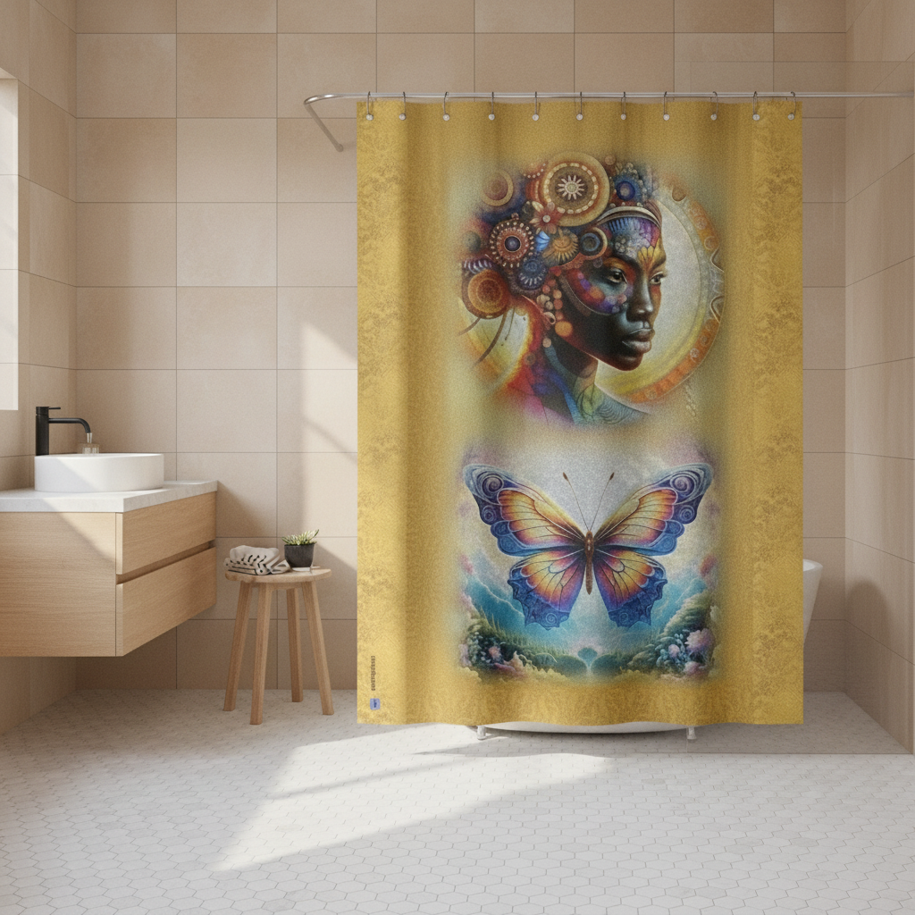 Shower curtain with artistic design of a face and butterfly in a bathroom setting
