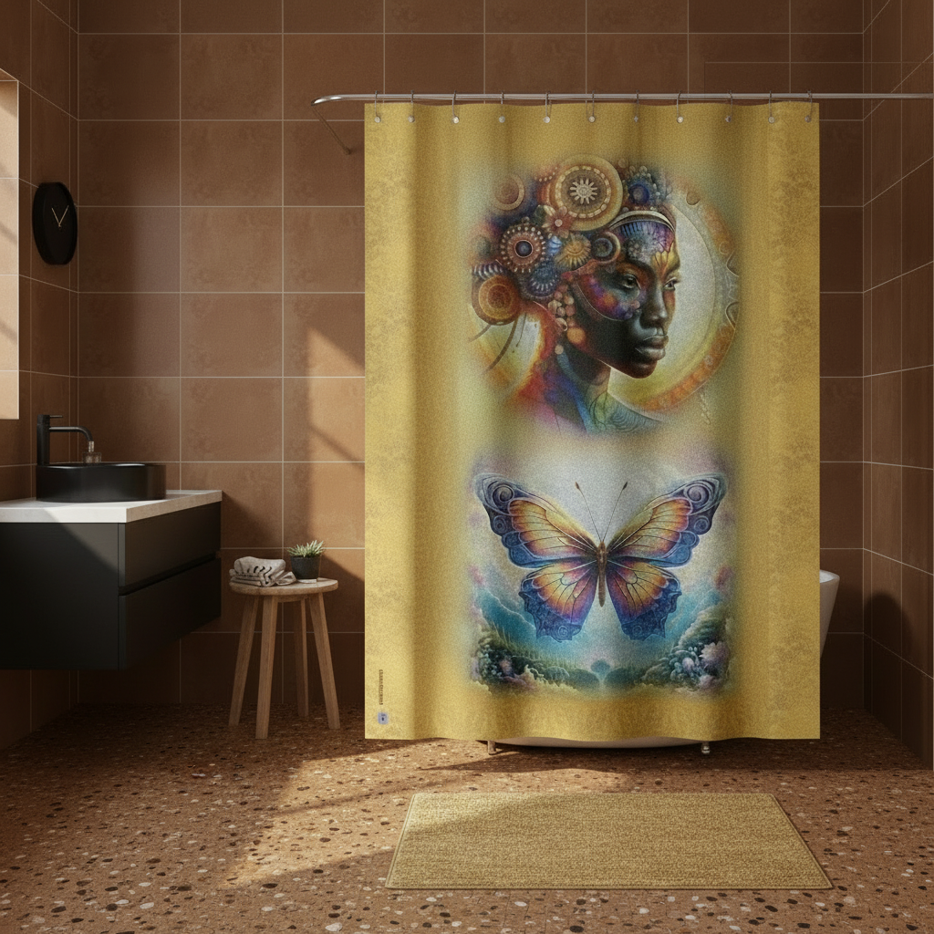 Shower curtain with artistic design of a face and butterfly in a bathroom setting