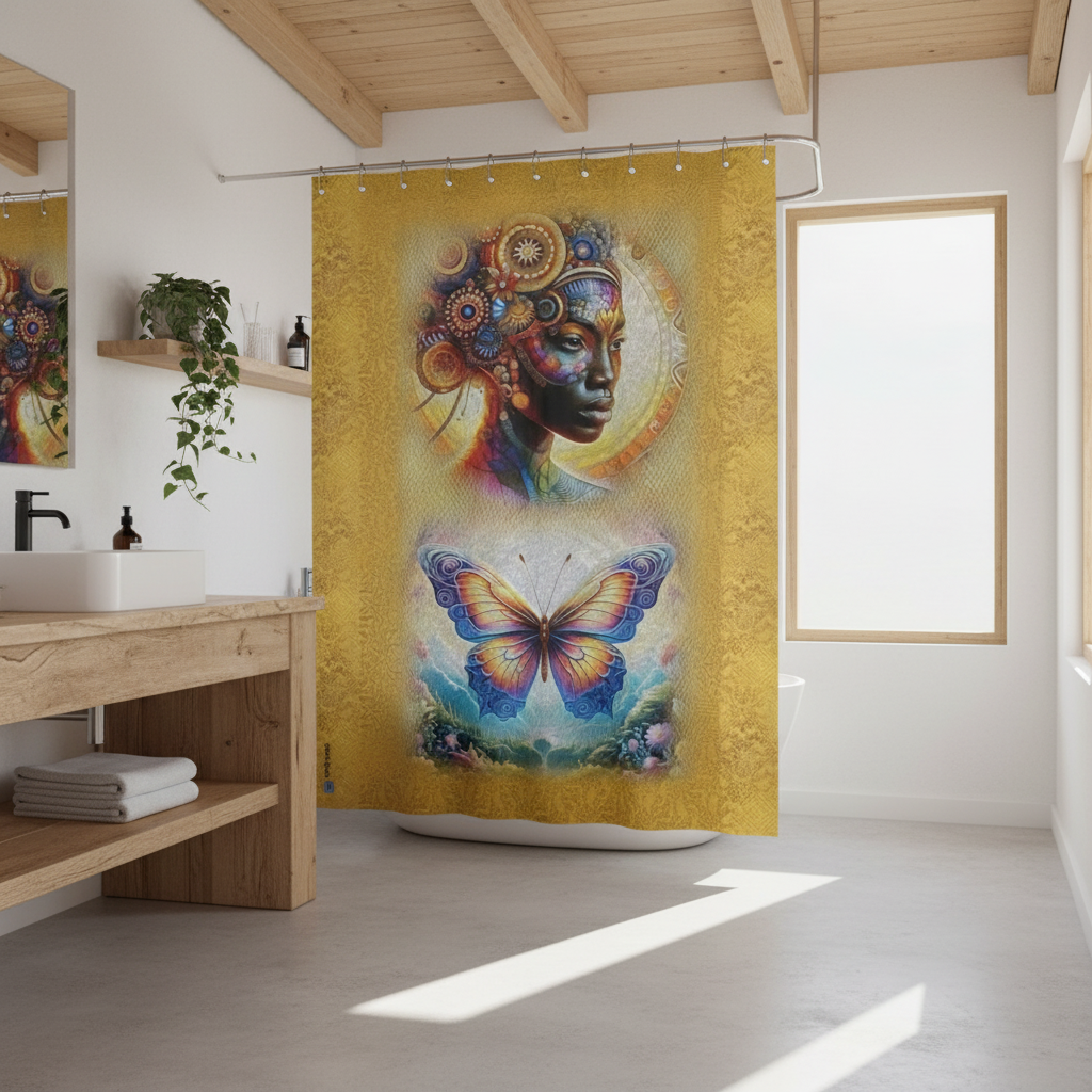 Bathroom with a colorful shower curtain featuring a woman's face and butterfly.