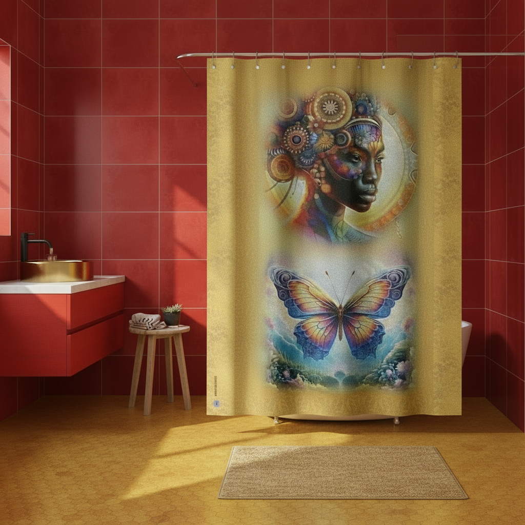 Shower curtain with artistic design of a face and butterfly in a bathroom with red tiles.