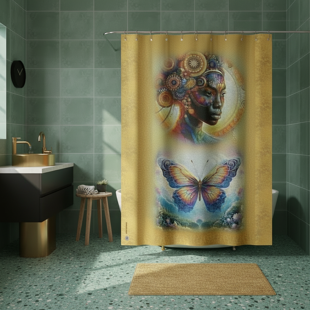 Shower curtain with artistic design of a face and butterfly in a bathroom setting