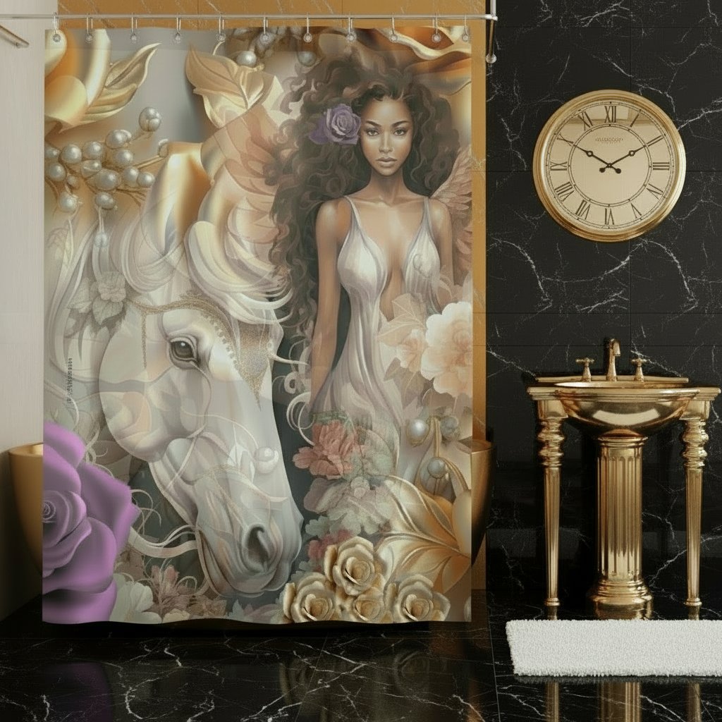 Shower curtain with a fantasy design of a woman and horse in a bathroom setting.
